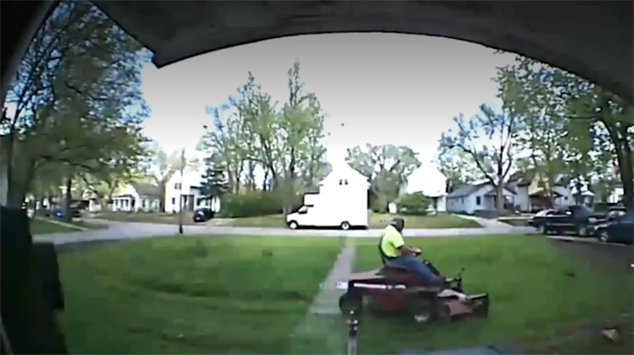 doorbell cam catches man mowing lawn blind neighbor