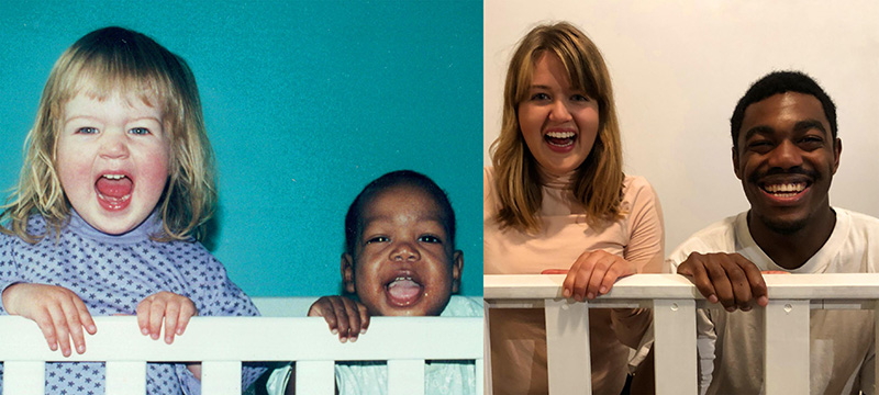 black and white siblings recreate baby photos