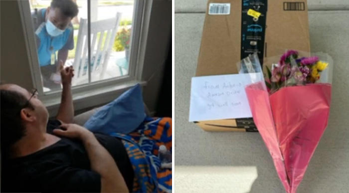 delivery driver flowers and card for sick man