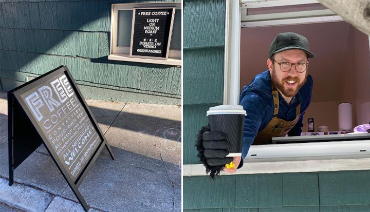 man hands out free coffee to workers