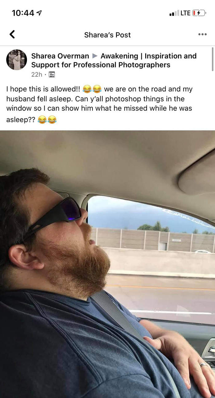 wife asks photoshop help husband asleep on road trip