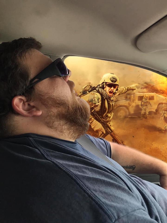 wife asks photoshop help husband asleep on road trip