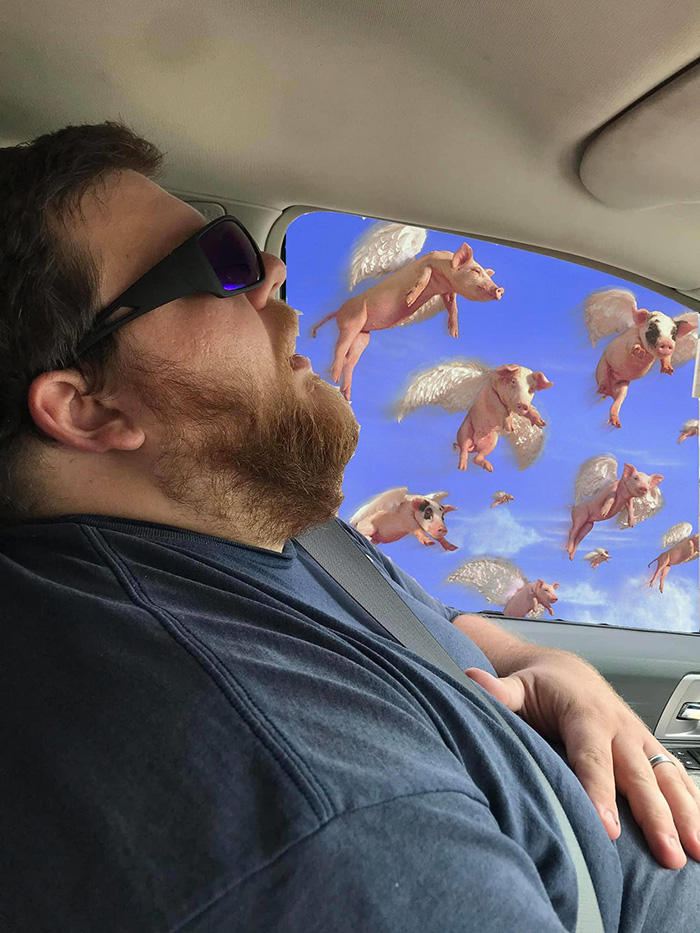 wife asks photoshop help husband asleep on road trip