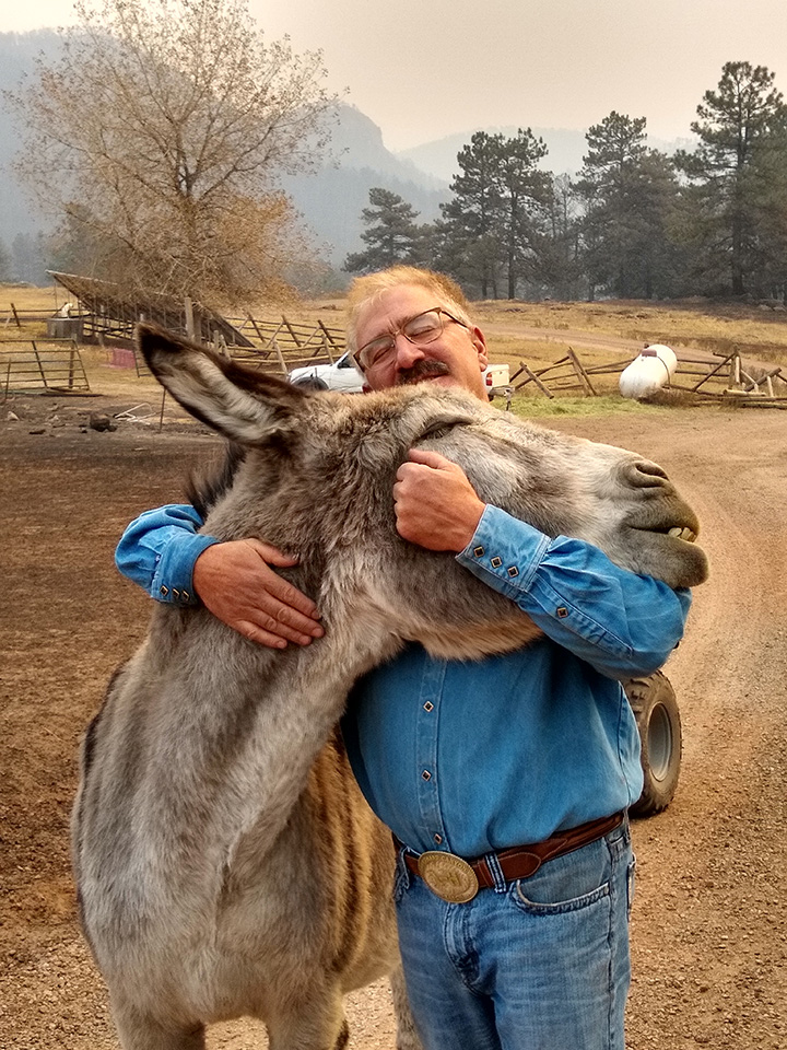 man reunited with donkey after fire