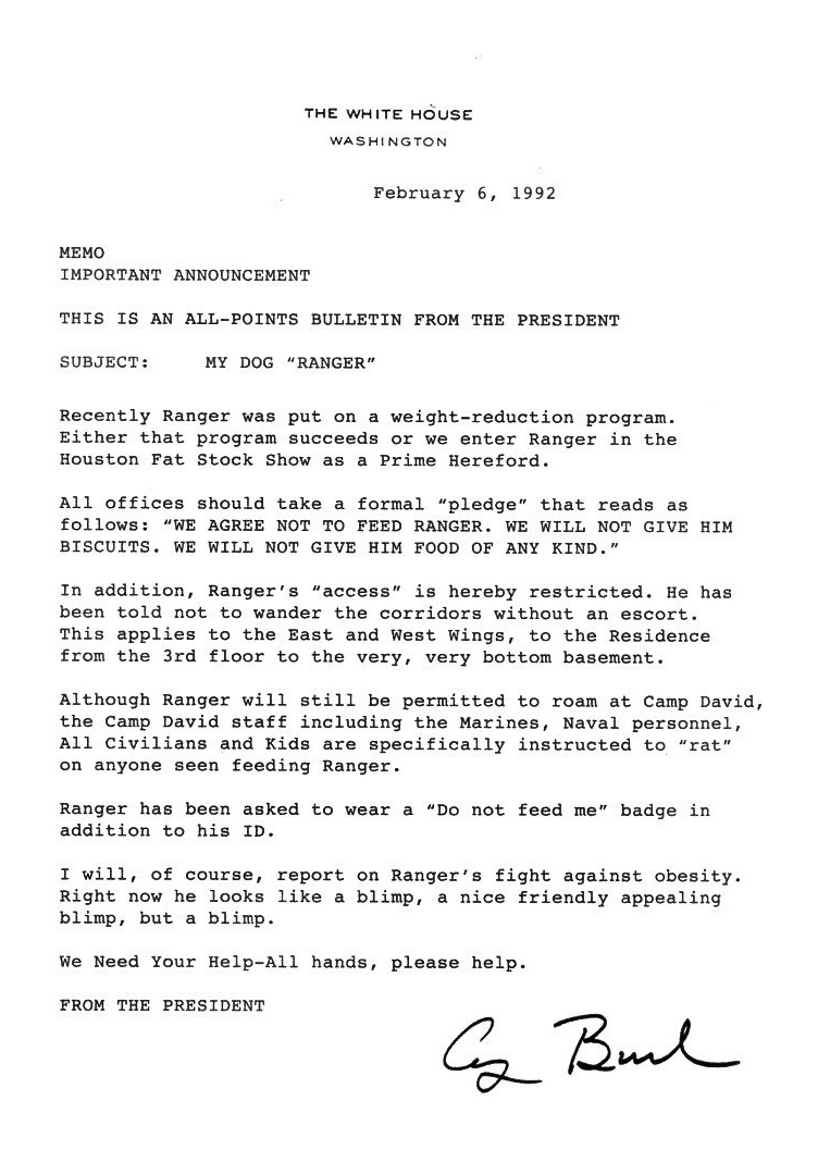 george bush letter to staff about dog being fat