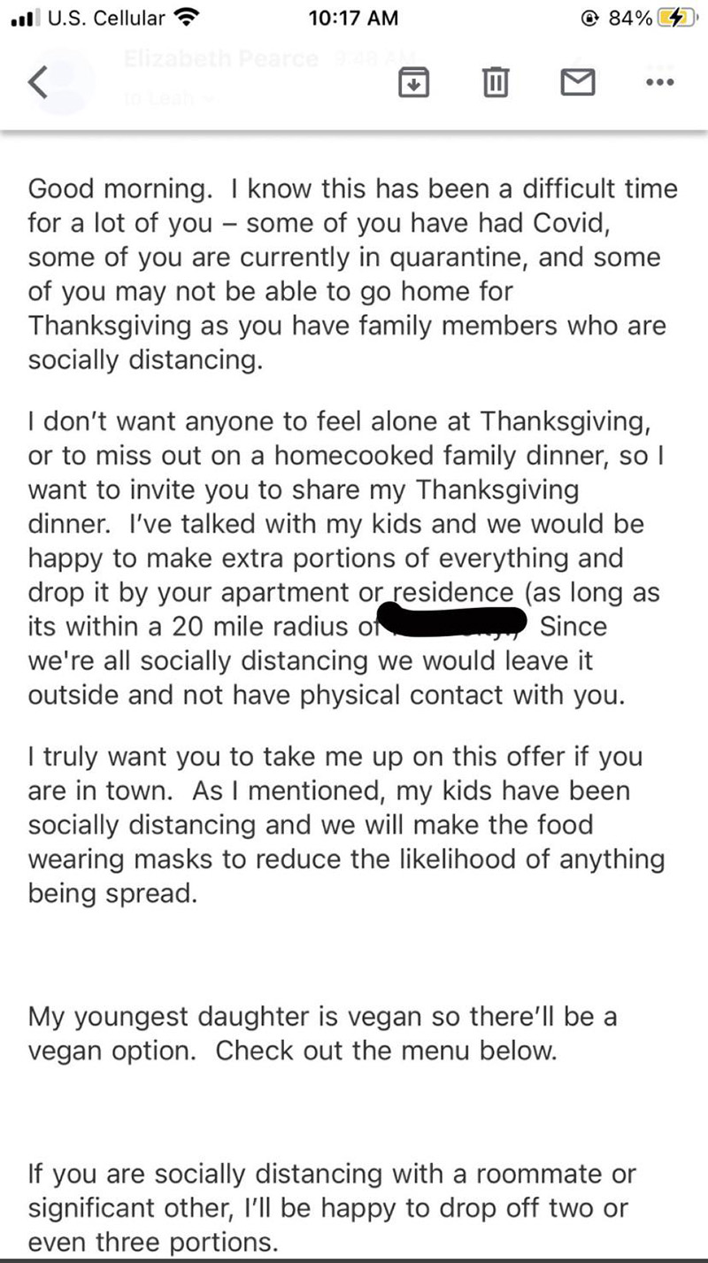 professor emails students thanksgiving alone