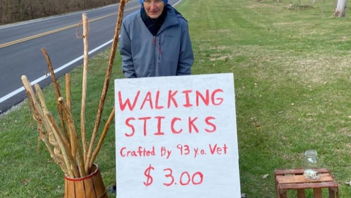 93 year old veteran whittles sticks food pantry