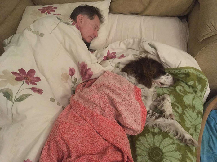 dad sleeps with old dog