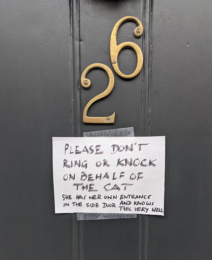 cat's owners put up hilarious sign