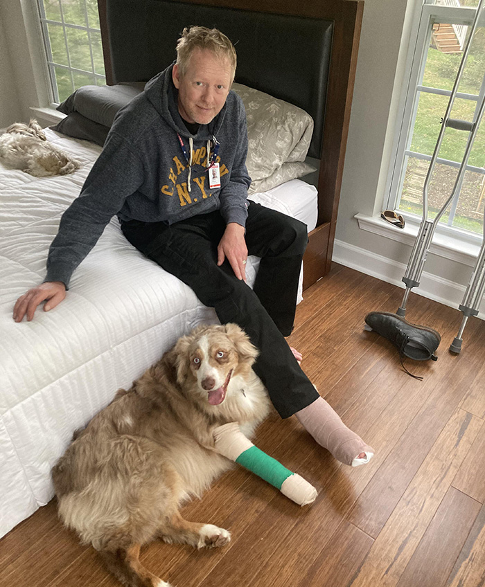dog and owner matching injuries