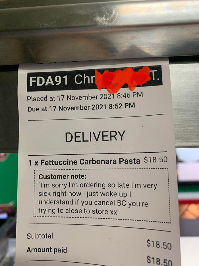 late delivery order kind note