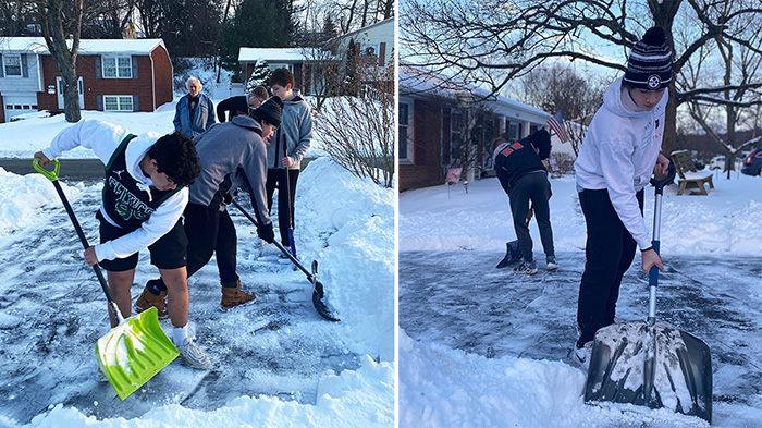 football team shovels snow