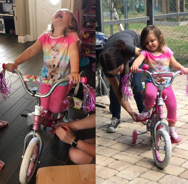 little girl and grocery store employee bike