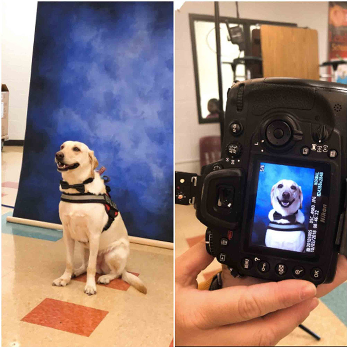 service dog poses for school picture