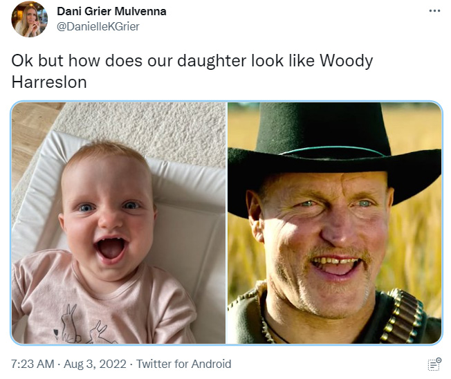 baby looks like Woody Harrelson