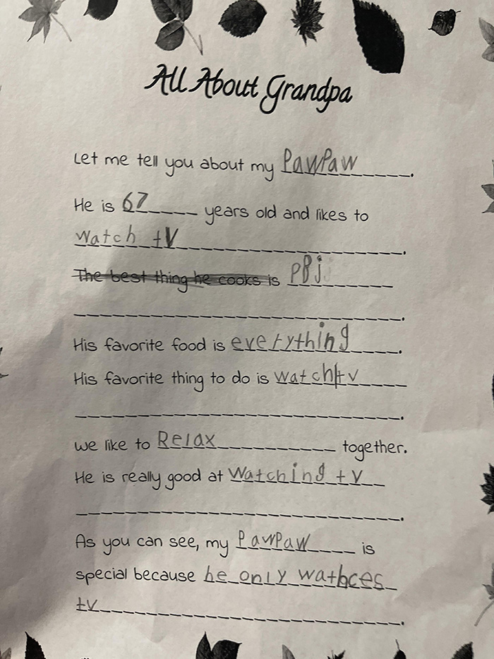 funny about grandpa kid wrote at school