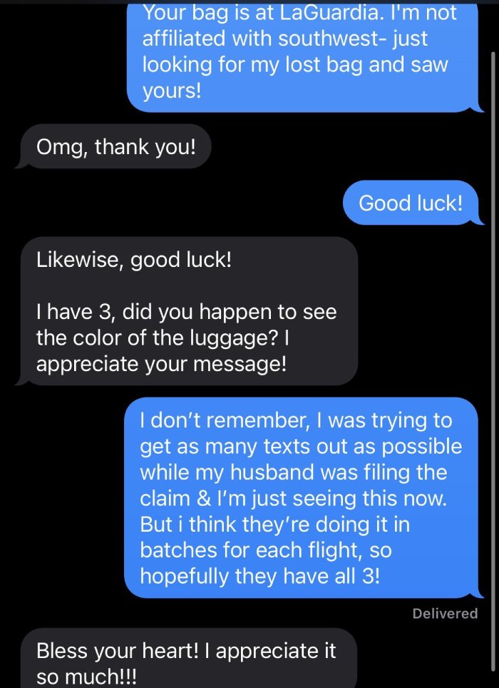 text number on missing luggage