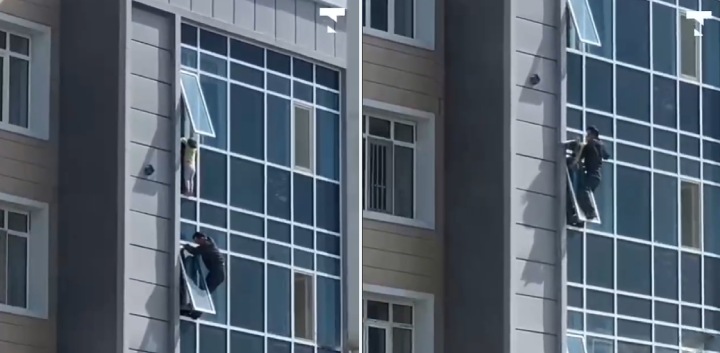 man climbs out window to save kid