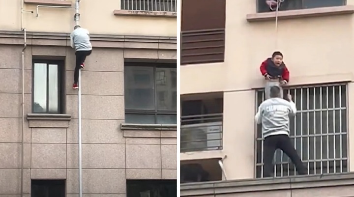 man scales building to save child
