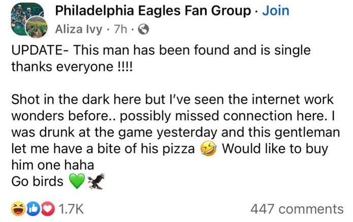 Philly love story eagles fans pizza