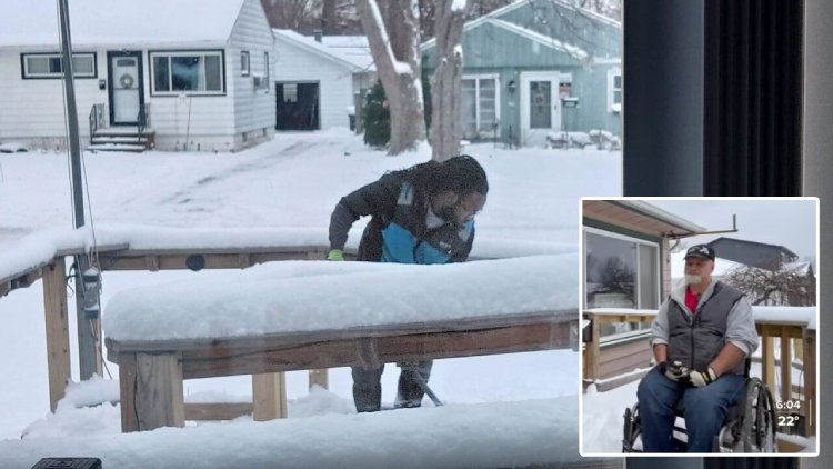 amazong driver shovels driveway for man in wheelchair