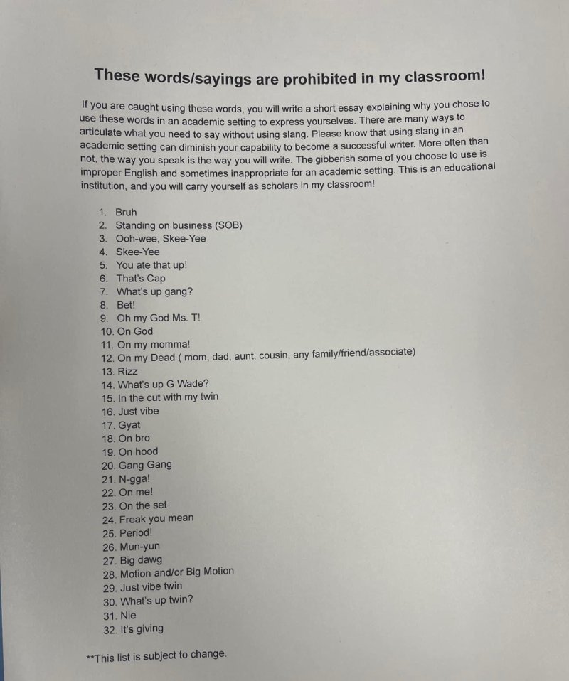 teacher bans words classroom