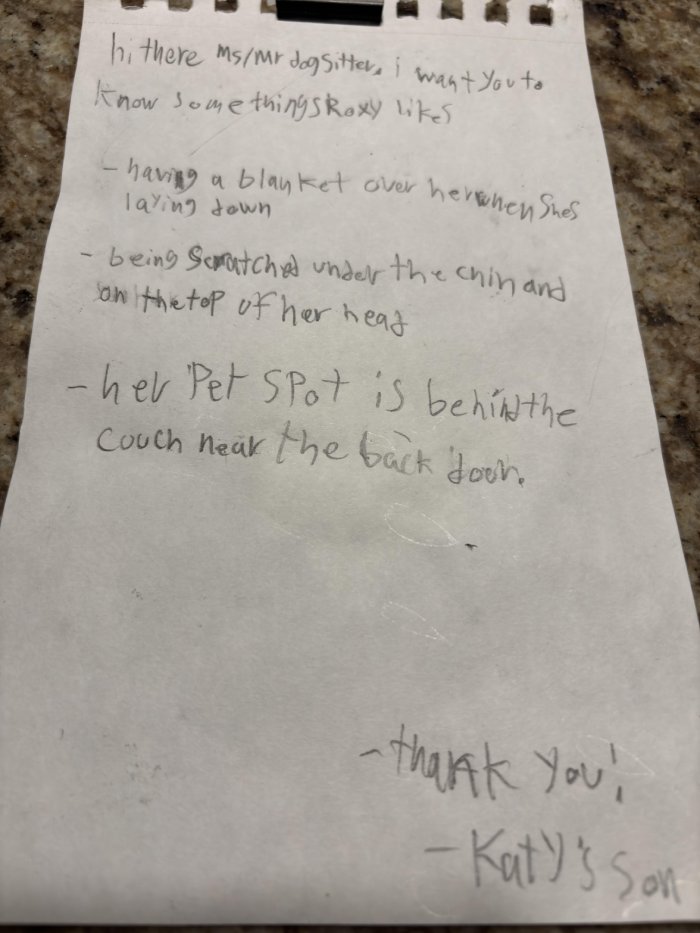 letter to dog sitter from kid