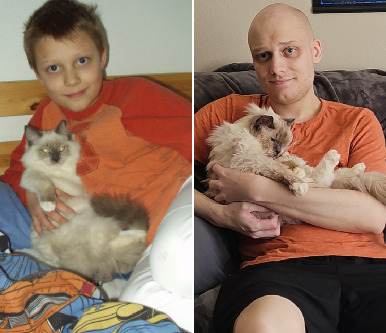 man recreates child photo with cat before dying