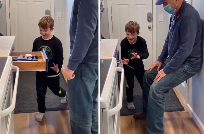 kid pranks dad open kitchen drawer