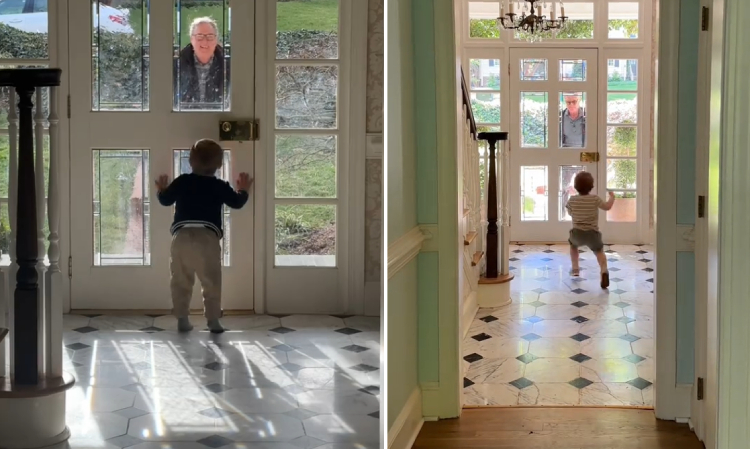 toddler jumps for joy to see grandpa