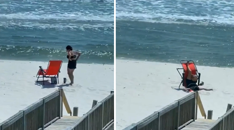 daughter laughing at mom fall on beach chair