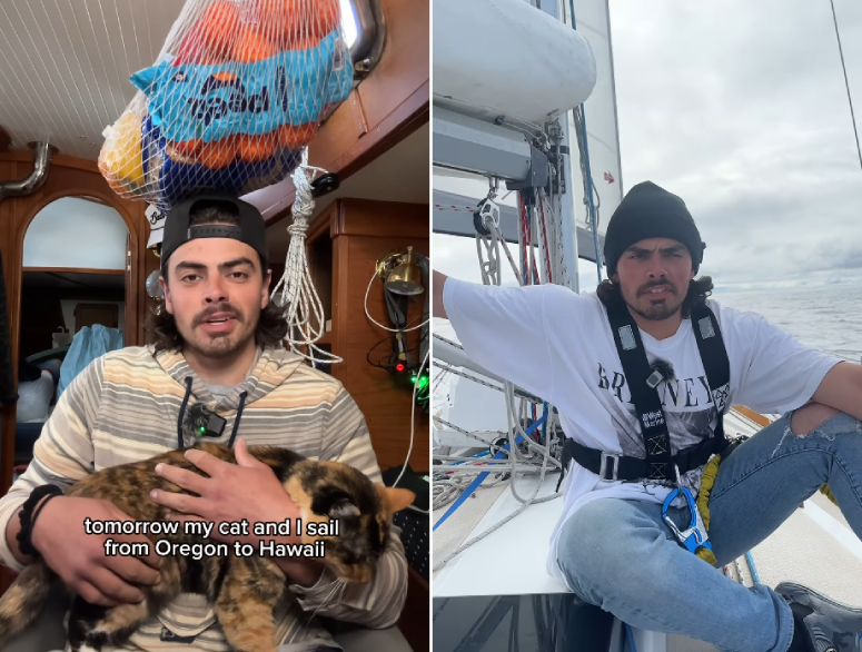 man sailing with his cat to hawaii