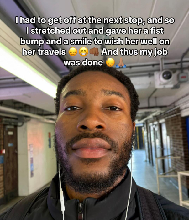 man shows kindness to woman crying on train