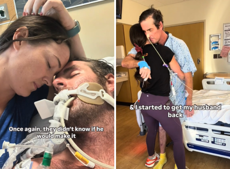wife supports husband after stroke coma physical therapist
