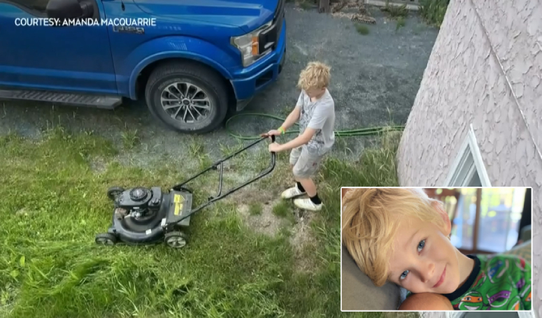 boy cuts grass to raise money for burned down house