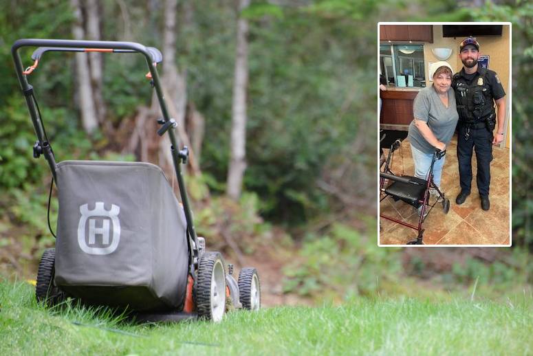police officer cuts grass for woman