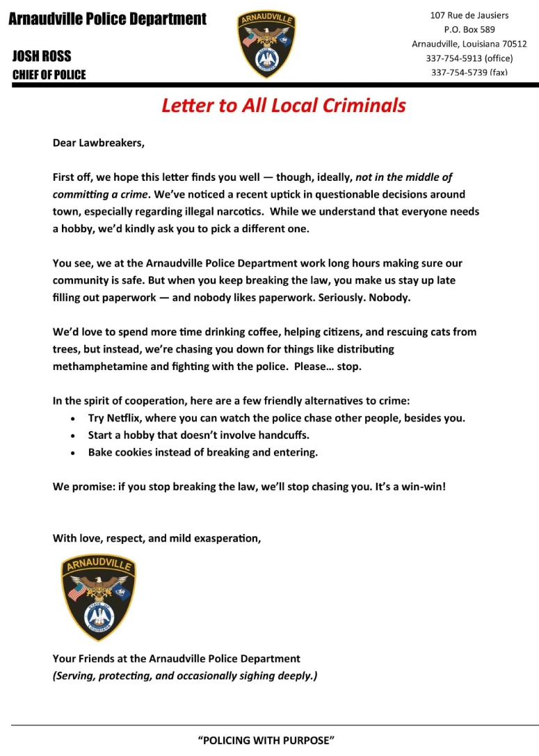 funny police letter to criminals