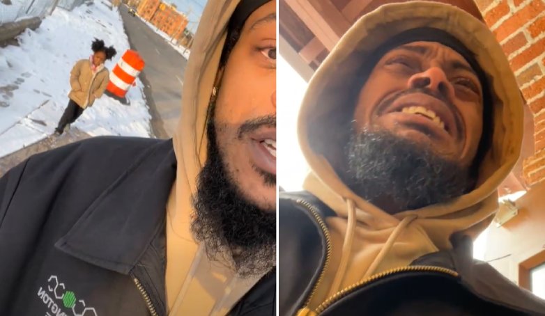 man helps walk child to school